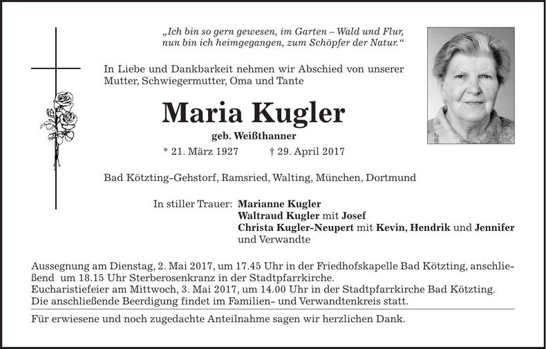Traueranzeige Maria Kugler