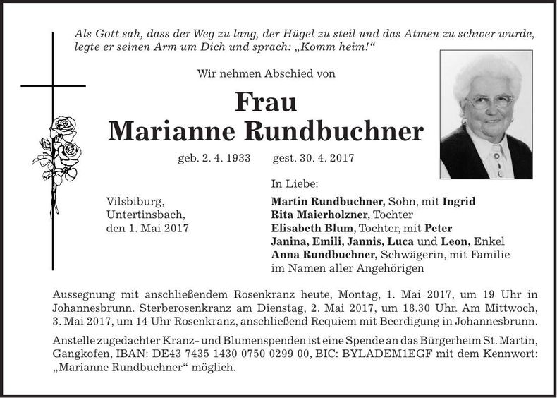 Traueranzeige Marianne Rundbuchner