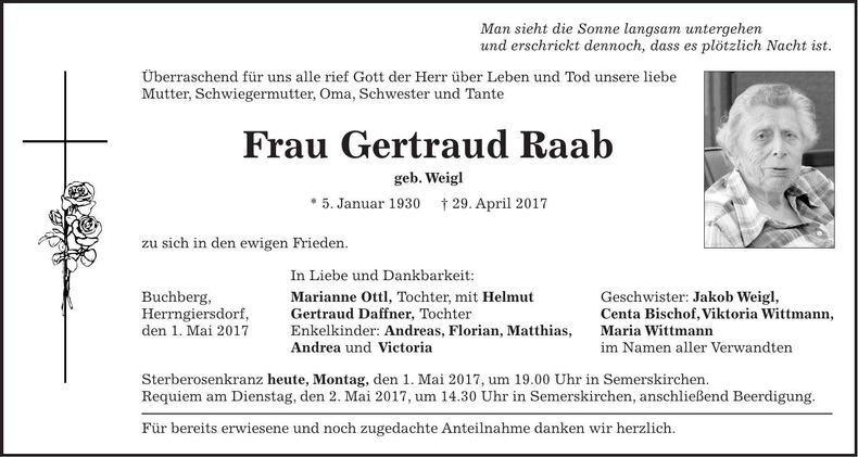 Traueranzeige Gertaud Raab