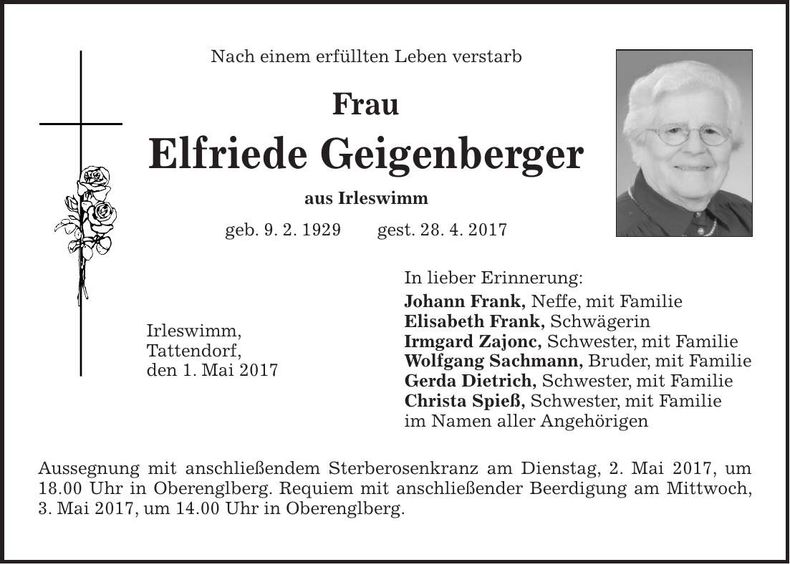 Traueranzeige Elfriede Geigenberger