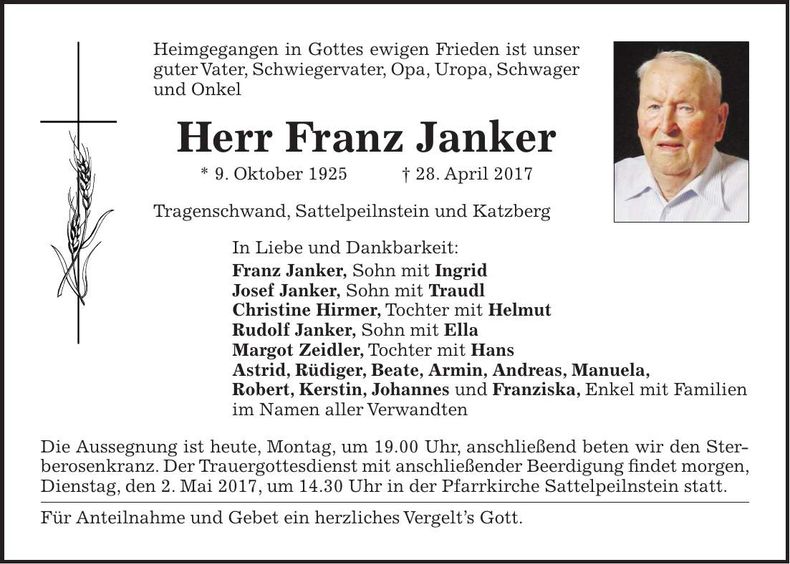 Traueranzeige Franz Janker