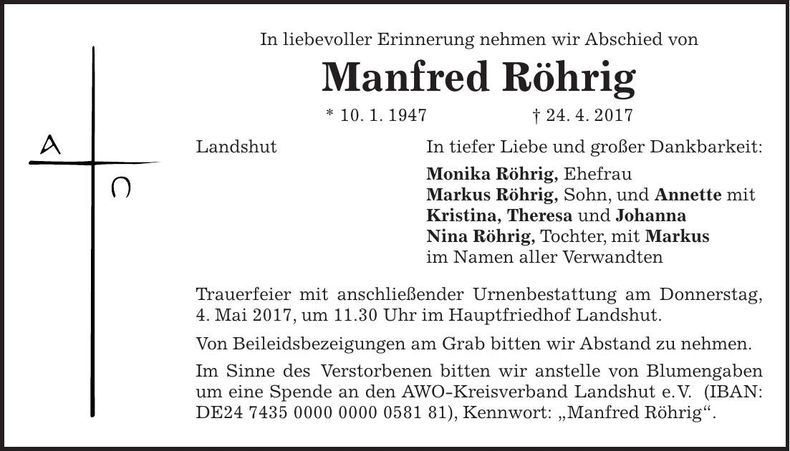 Traueranzeige Manfred Röhrig