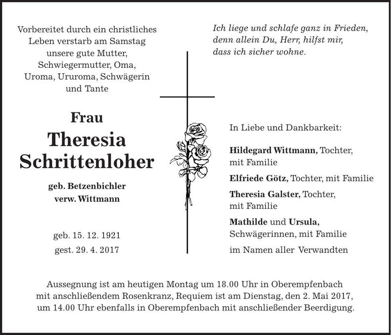 Traueranzeige Theresia Schrittenloher