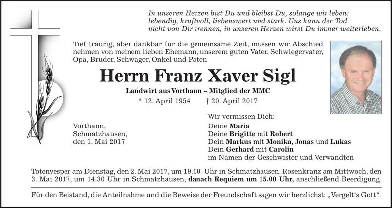 Traueranzeige Franz Xaver Sigl