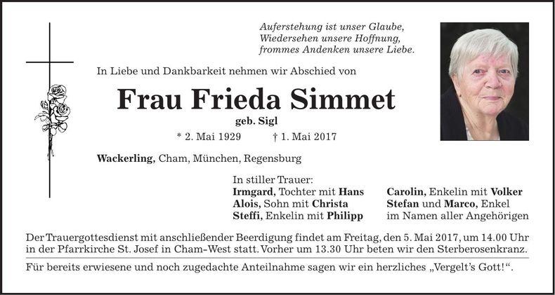 Traueranzeige Frieda Simmet