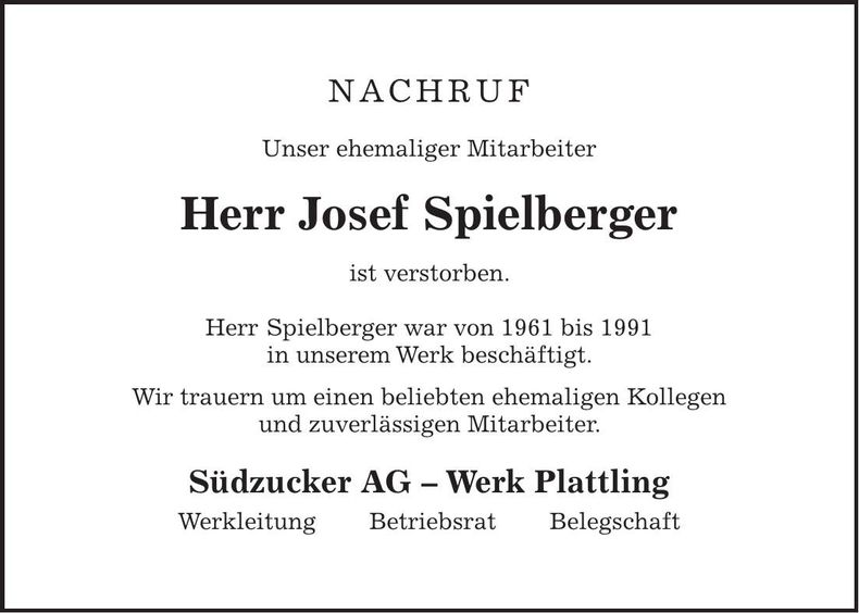 Traueranzeige Josef Spielberger