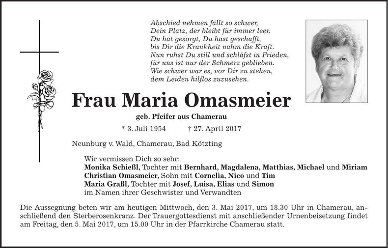 Traueranzeige Maria Omasmeier