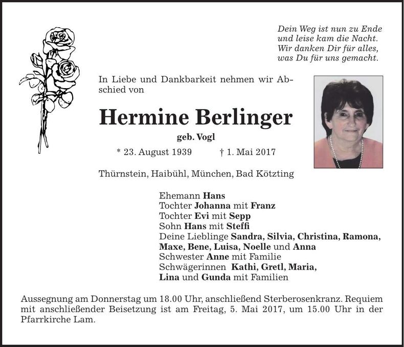Traueranzeige Hermine Berlinger