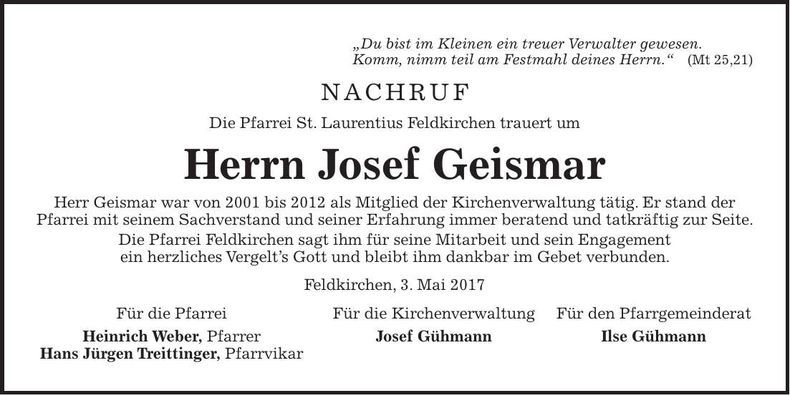 Traueranzeige Josef Geismar