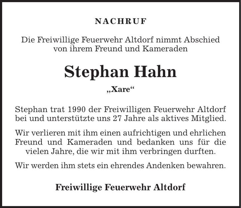 Traueranzeige Stephan Hahn
