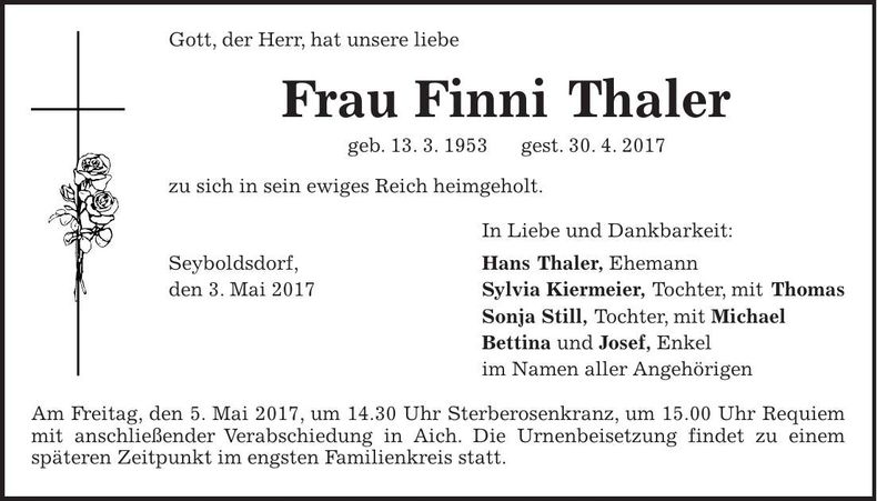 Traueranzeige Finni Thaler