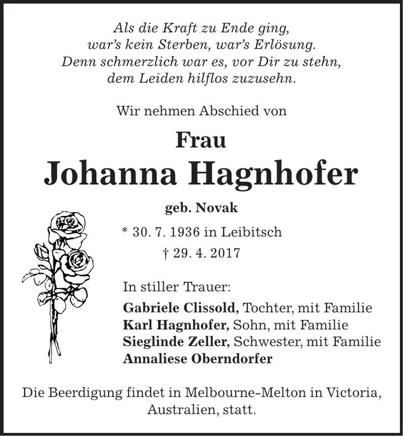 Traueranzeige Johanna Hagnhofer