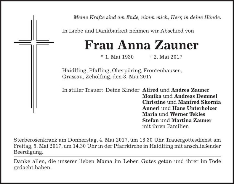 Traueranzeige Anna Zauner