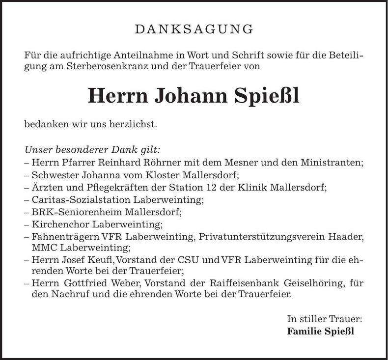 Traueranzeige Johann Spießl
