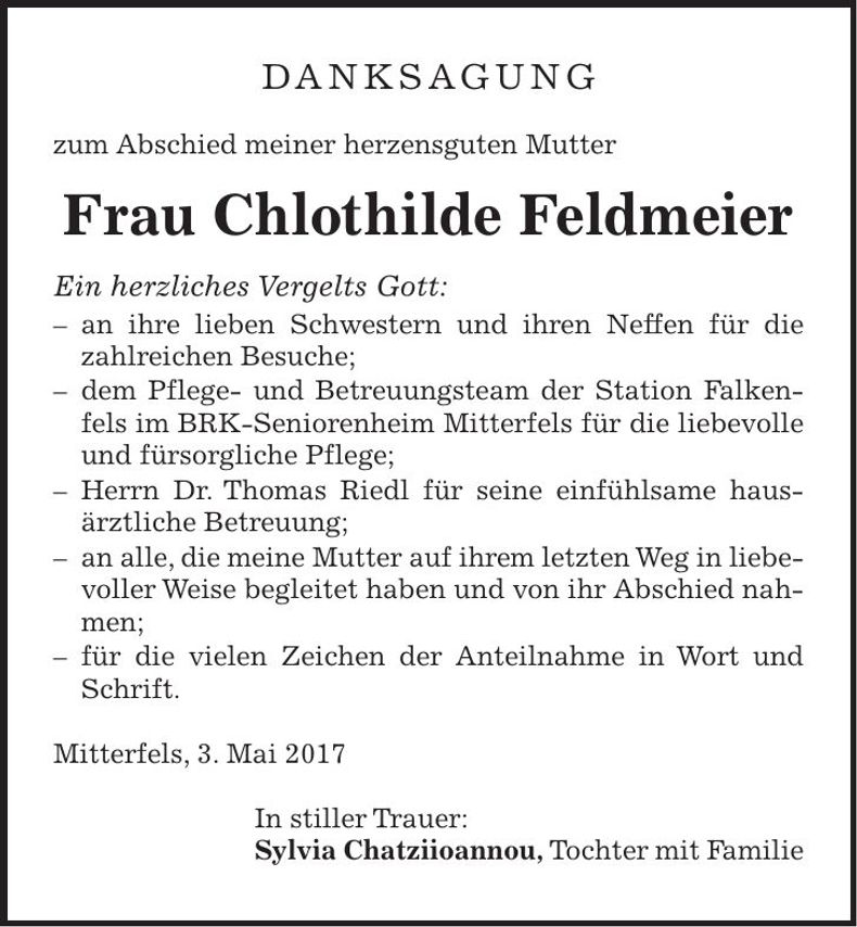Traueranzeige Chlothilde Feldmeier