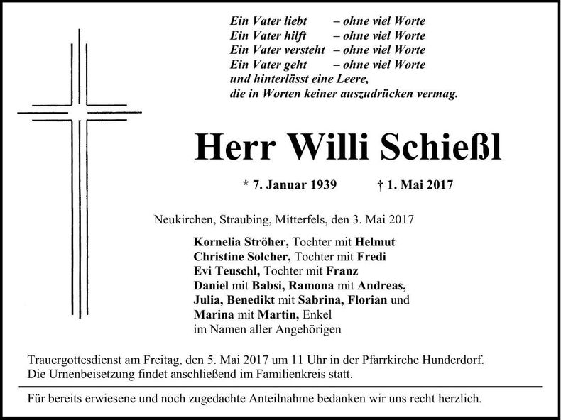 Traueranzeige Willi Schießl