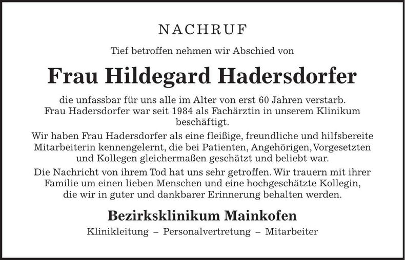 Traueranzeige Hildegard Hadersdorfer