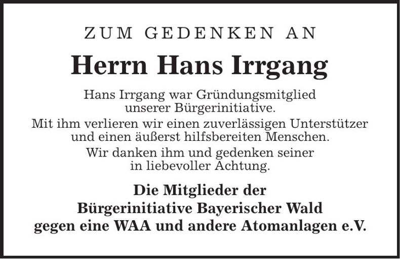 Traueranzeige Hans Irrgang