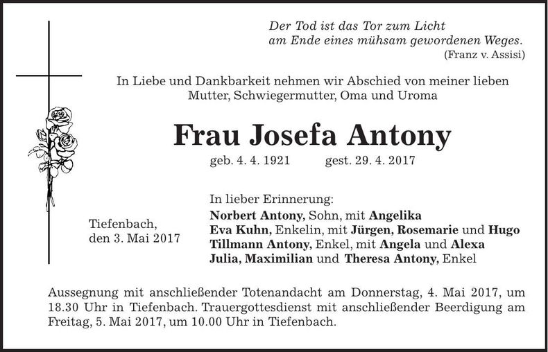 Traueranzeige Josefa Antony