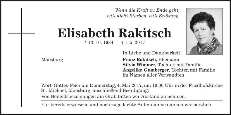 Traueranzeige Elisabeth Rakitsch