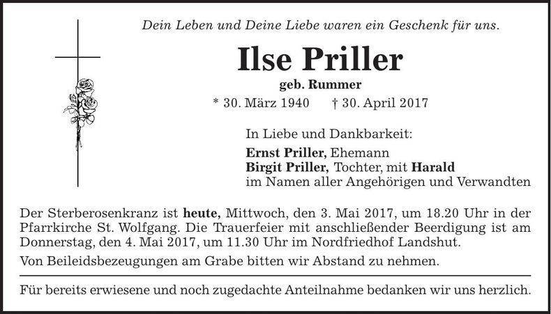 Traueranzeige Ilse Priller