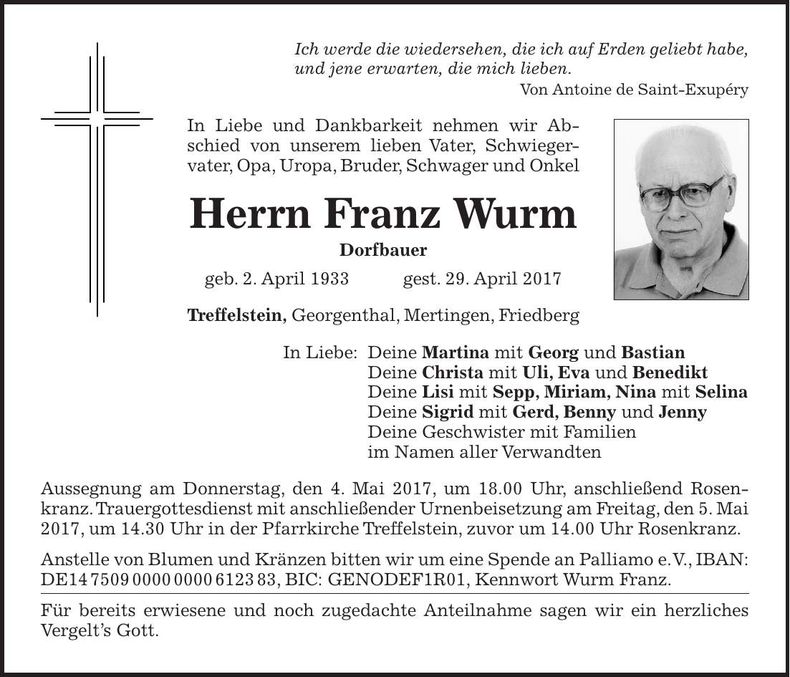 Traueranzeige Franz Wurm