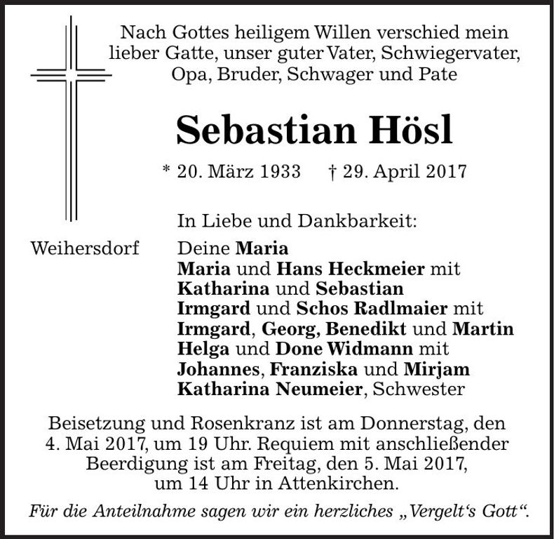 Traueranzeige Sebastian Hösl