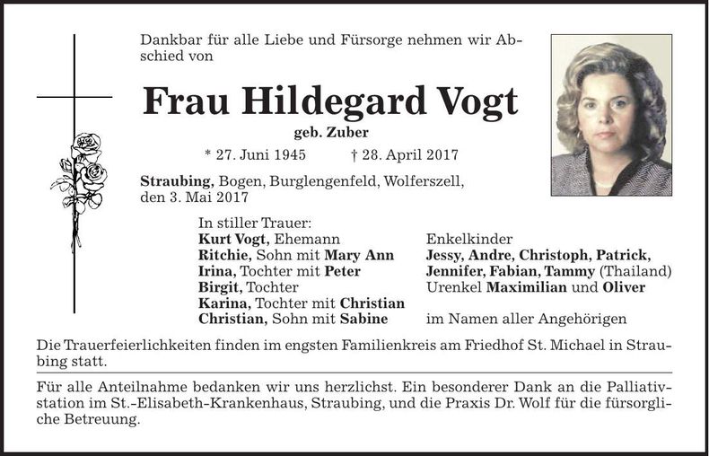 Traueranzeige Hildegard Vogt