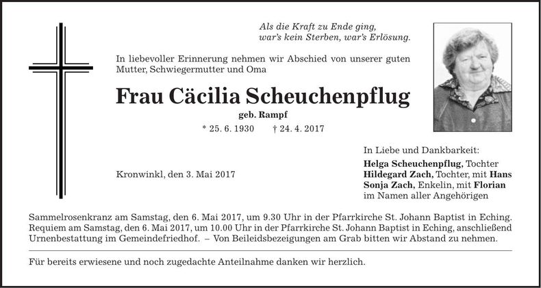 Traueranzeige Cäcilia Scheuchenpflug