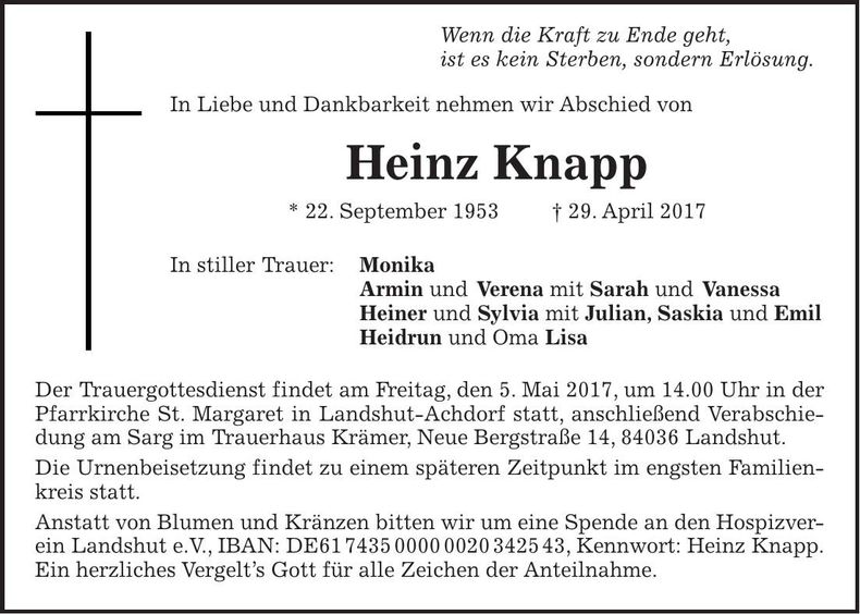 Traueranzeige Heinz Knapp