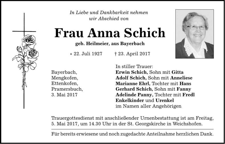 Traueranzeige Anna Schich