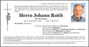 Traueranzeige Johann Roith