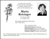 Traueranzeige Maria Reisinger
