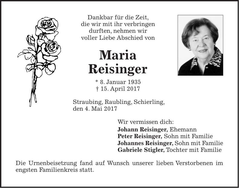 Traueranzeige Maria Reisinger