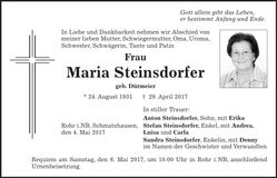 Traueranzeige Maria Steinsdorfer