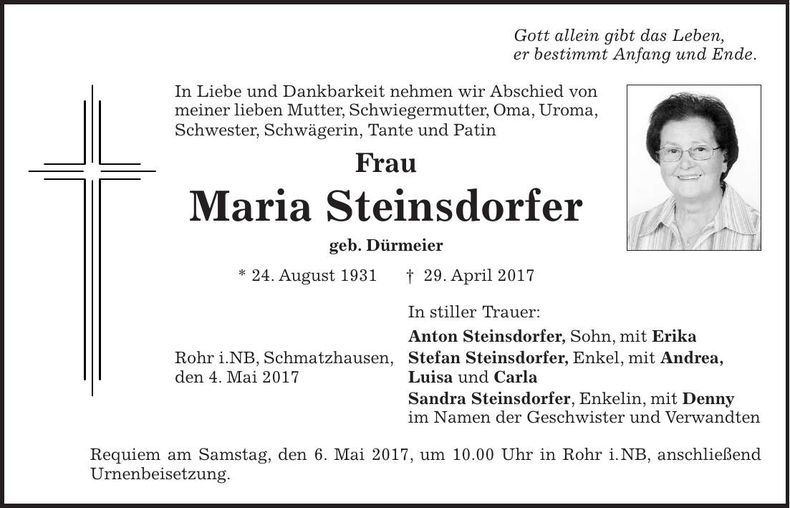 Traueranzeige Maria Steinsdorfer