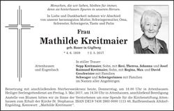 Traueranzeige Mathilde Kreitmaier