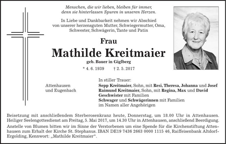 Traueranzeige Mathilde Kreitmaier