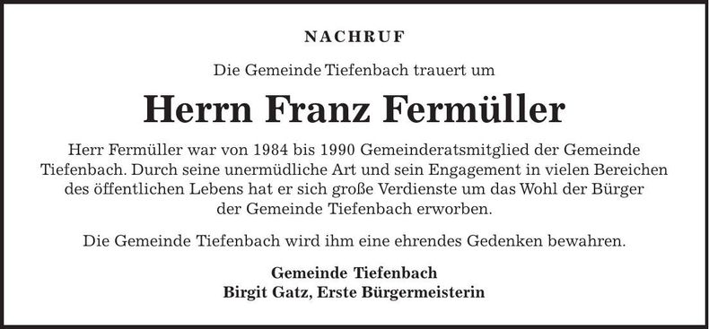 Traueranzeige Franz Fermüller