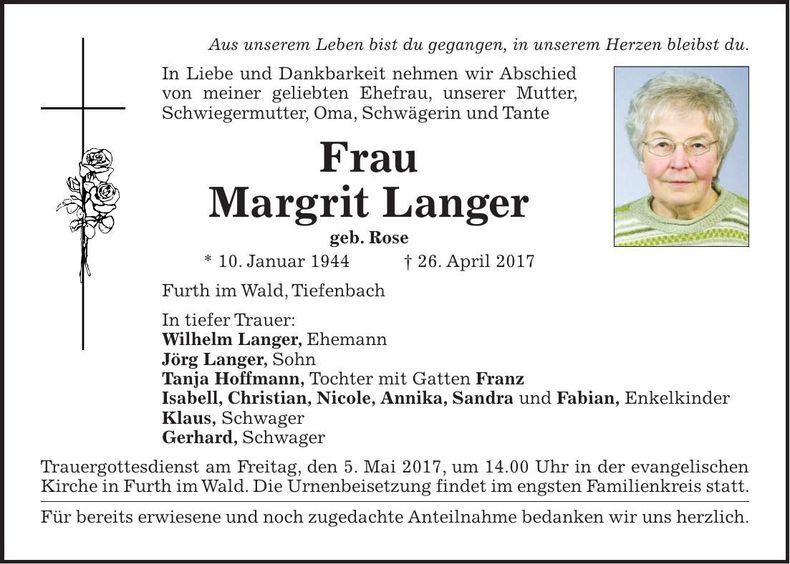 Traueranzeige Margrit Langer