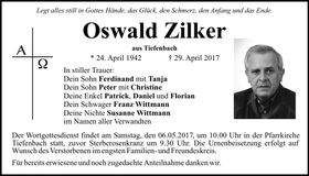 Traueranzeige Oswald Zilker