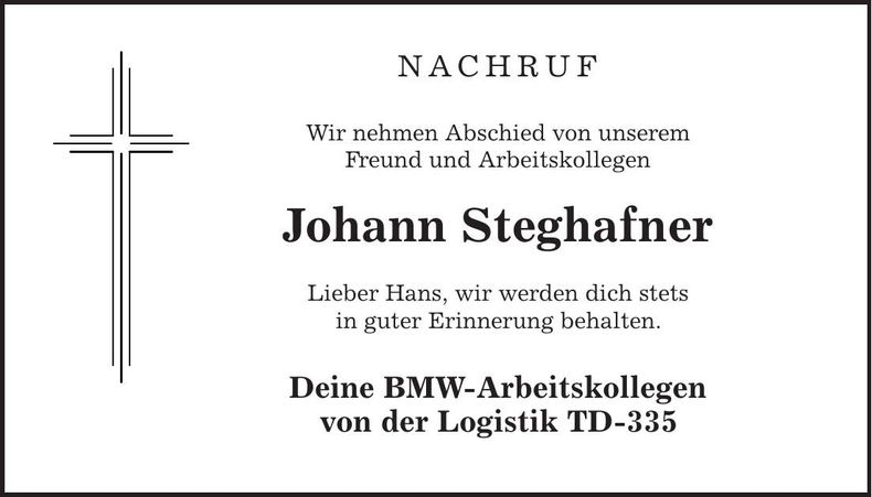 Traueranzeige Johann Steghafner