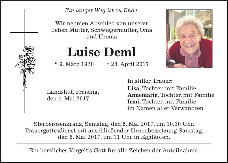 Traueranzeige Luise Deml