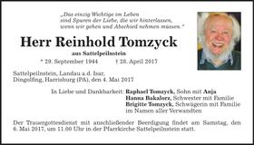 Traueranzeige Reinhold Tomzyck