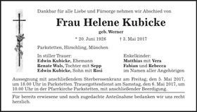 Traueranzeige Helene Kubicke