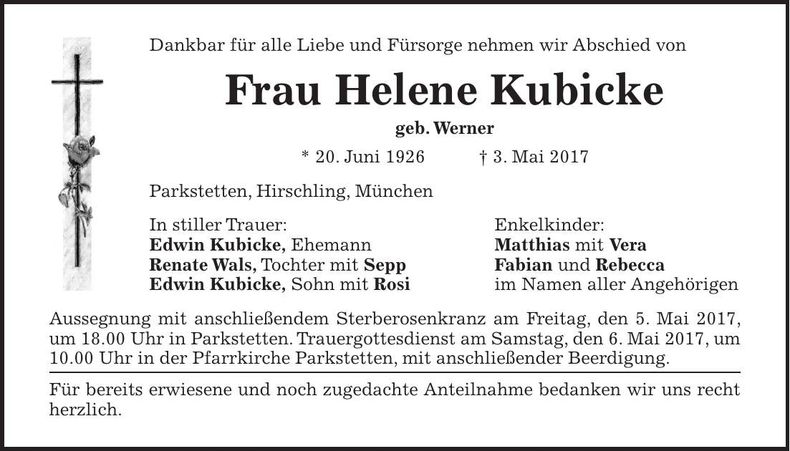Traueranzeige Helene Kubicke