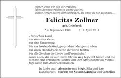 Traueranzeige Felicitas Zollner