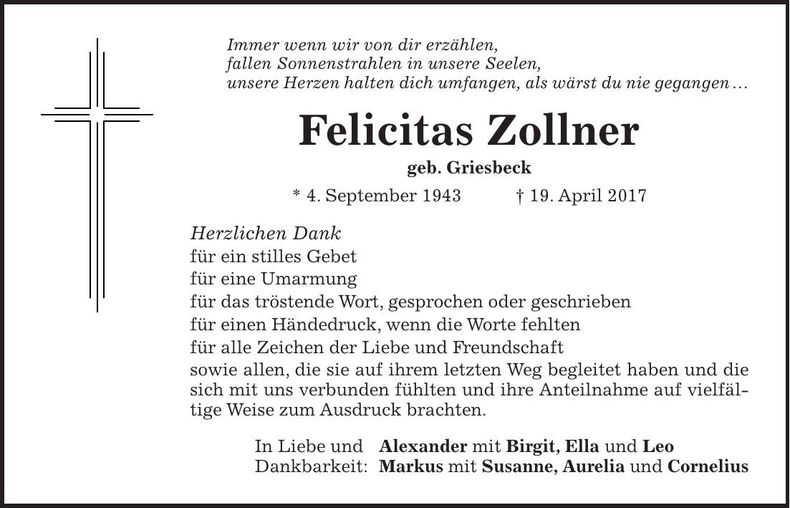 Traueranzeige Felicitas Zollner