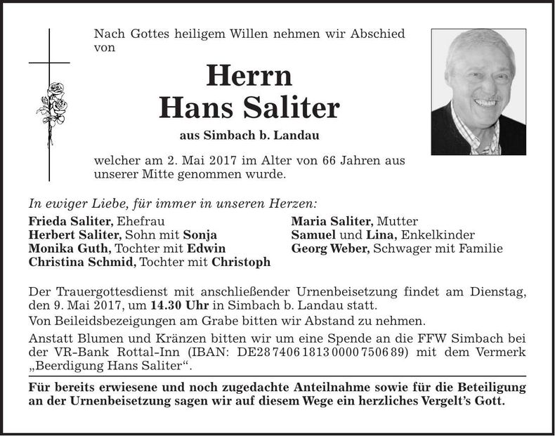 Traueranzeige Hans Saliter