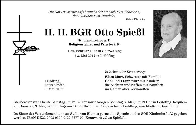 Traueranzeige Otto Spießl